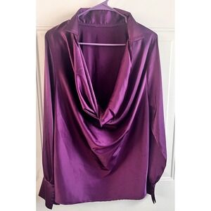 LYANER Women Purple Satin Cowl Neck Long Sleeve‎ Blouse Shirt Top Size L